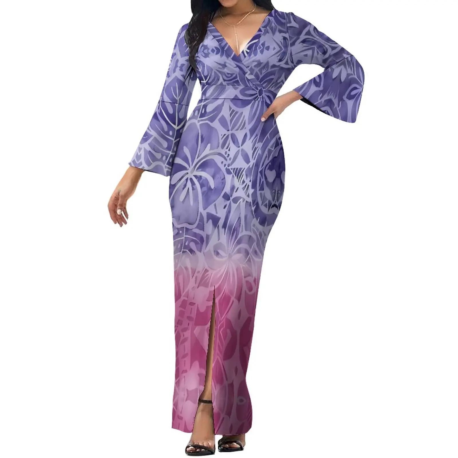 

Polynesian Women's Dress Customized Pattern Summer Long Dress Loose Sleeve hem Floor length Dress V-neck Design Dress