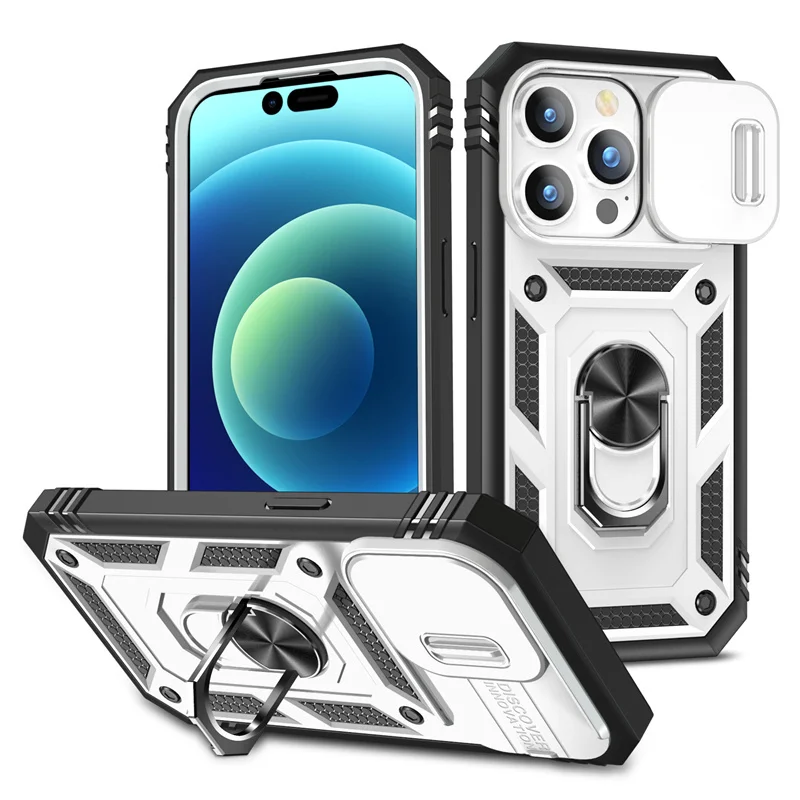 For iPhone 15 14 Plus 13 Pro Max Phone Case, Protective Cover with Rotating Ring and Lens Sliding Window