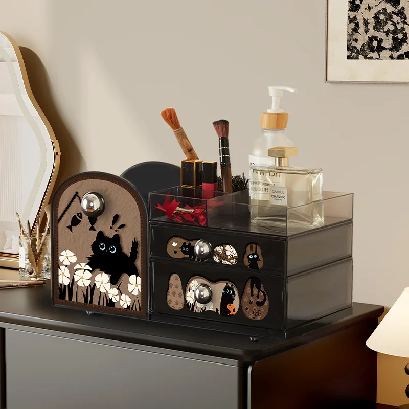 

Vintage Style Cosmetic Organizer with Drawers Luxury Vanity Storage Box for Skincare & Makeup, Desktop Countertop Display Cas