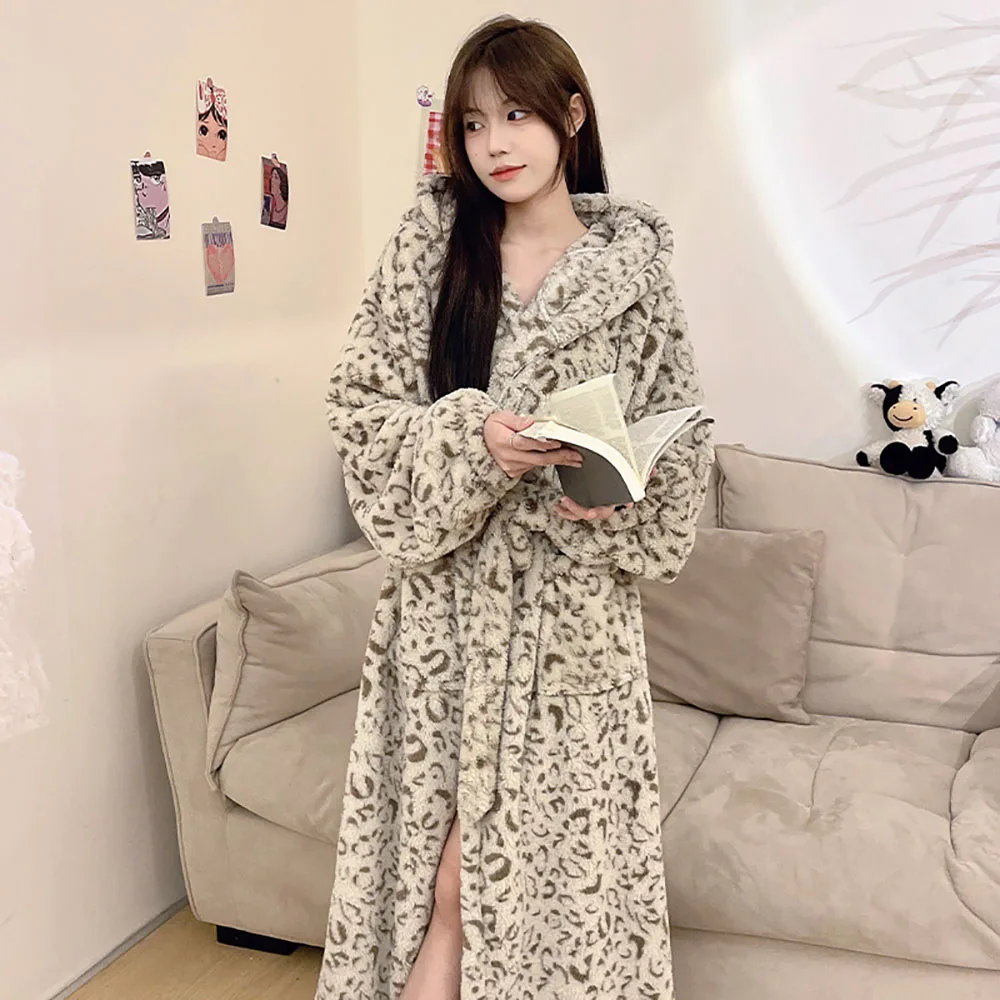 Coral Velvet Hooded Leopard Print Night-Robe For Women Winter New Cardigan Warm Home Nightgown Mid-length Loose Flannel Bathrobe