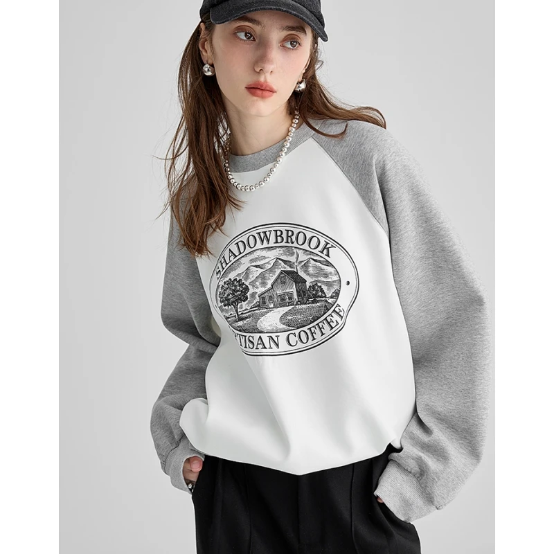 

Women's Clothing Grey Sweatshirt Printing Color Contrast Vintage Fashion American High Street Winter Female Baggy Pullover Tops