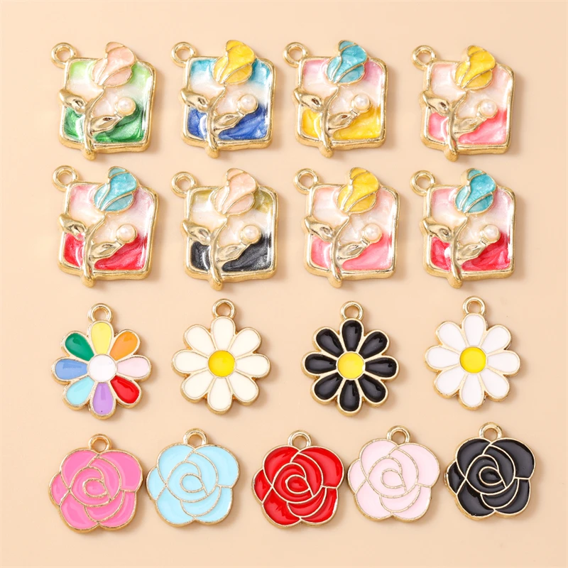 10 Stück niedliche, bunte Emaille-Blumenanhänger zum Basteln von Halsketten, Ohrringen, Armbändern, DIY-Handarbeiten, Schmuckzubehör und Geschenken – Detail 1