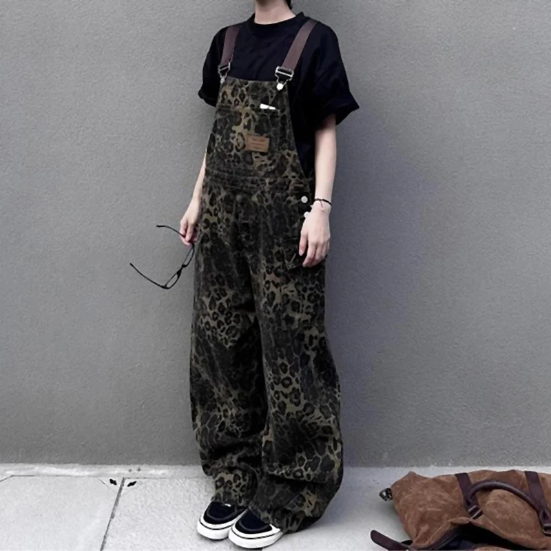 Women's Overalls American Retro Leopard Print Pocket Overalls Women's Street Wide Leg Casual Pants 2024