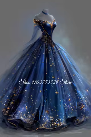 Gorgeous Dreamy Sapphire Blue Wedding Dress Custom Gold Appliqu&eacute; Corset Bridal Gown Formal Evening Gown Luxurious Wedding Dress