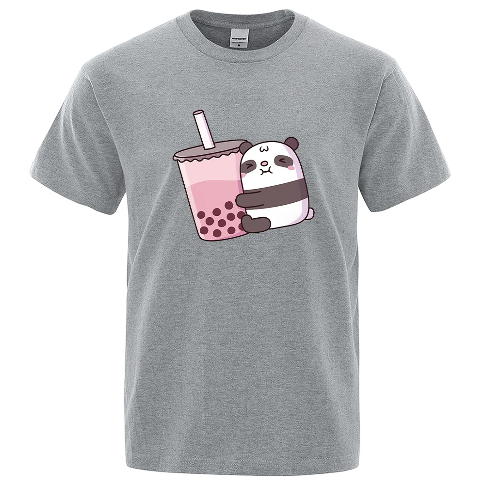 Panda Indulging In Bubble Tea Print T-Shirts Men Casual Loose Clothing Oversized Summer Tops 100% Cotton Cartoon Mens Tshirts