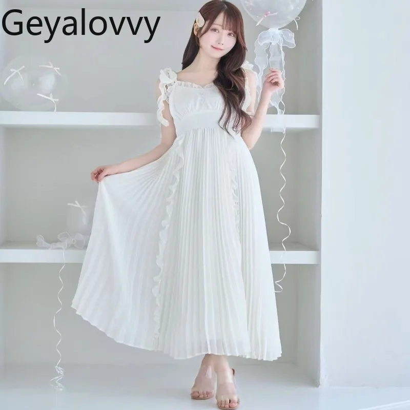 

Sweet Japanese Style Cute Sweet Girl Heavy Craft Sleeveless Dress Solid Color Mid-Length Pleated High Waist Strap Dresses