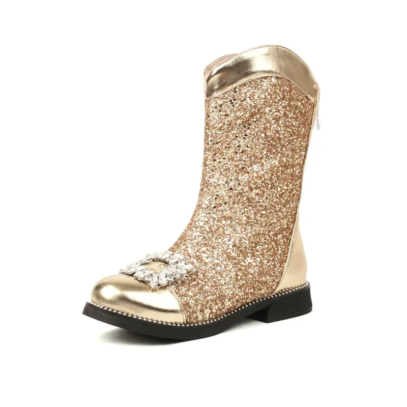 Bota de salto baixo menina, sapato de flor de cristal, lantejoulas prateado e dourado, estilo Lolita, festa de casamento, moda infantil, 2024