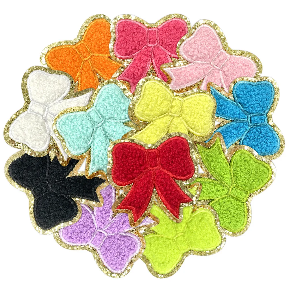 10pcs/set Mini Cute Bow Ironing Patch Decorative Checkered Flag Red Blue Yellow Bows Patch Glitter Diy Iron on For Bags Clothes