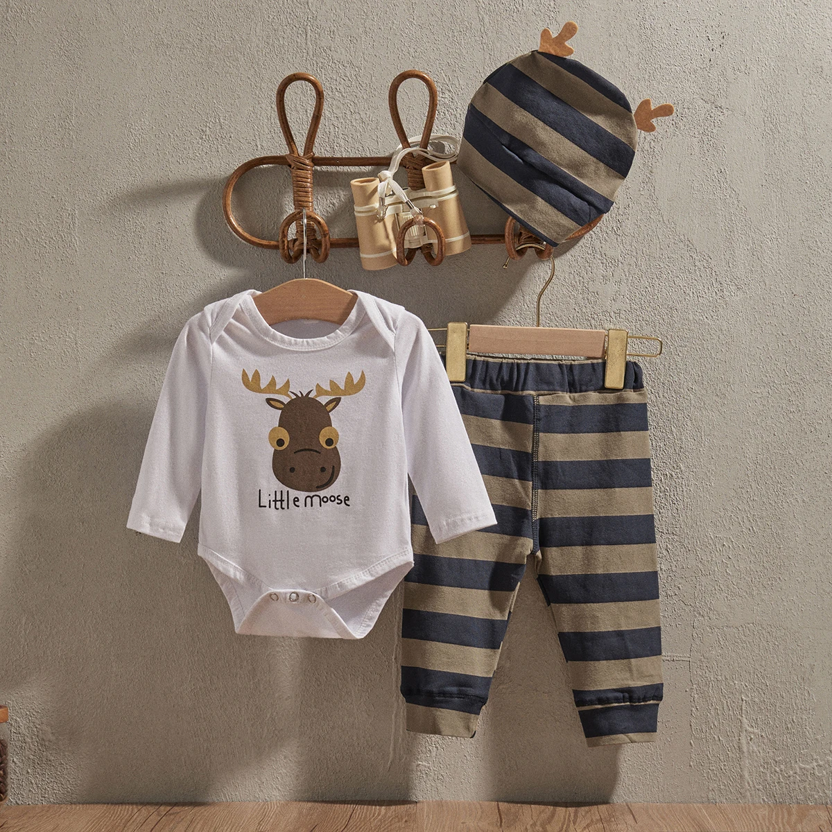 EWODOS Baby Boy´s Autumn Outfit Sets Long Sleeve Xmas Little Moose Print Romper + Stripe Long Pant + Stripe Hat Set for Children