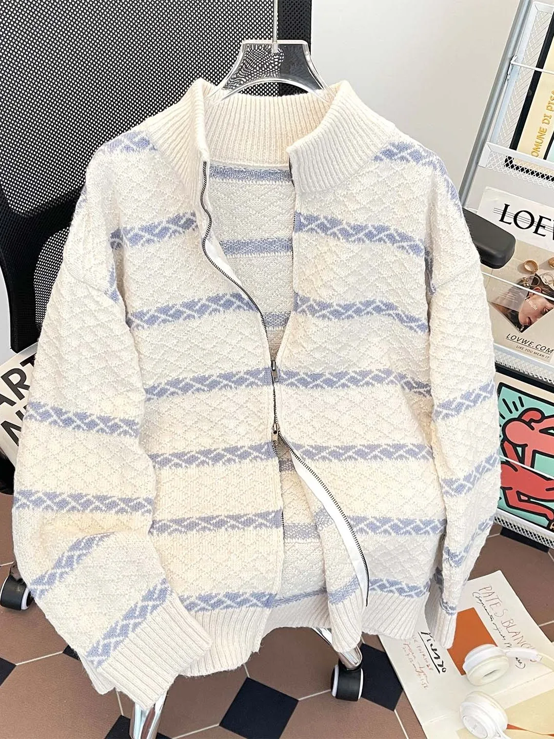 

Мужской вязаный кардиган на молнии с высоким воротником в полоску, осенне-зимний, утепленный, повседневный, для свиданий, уличный стиль, полиэстер