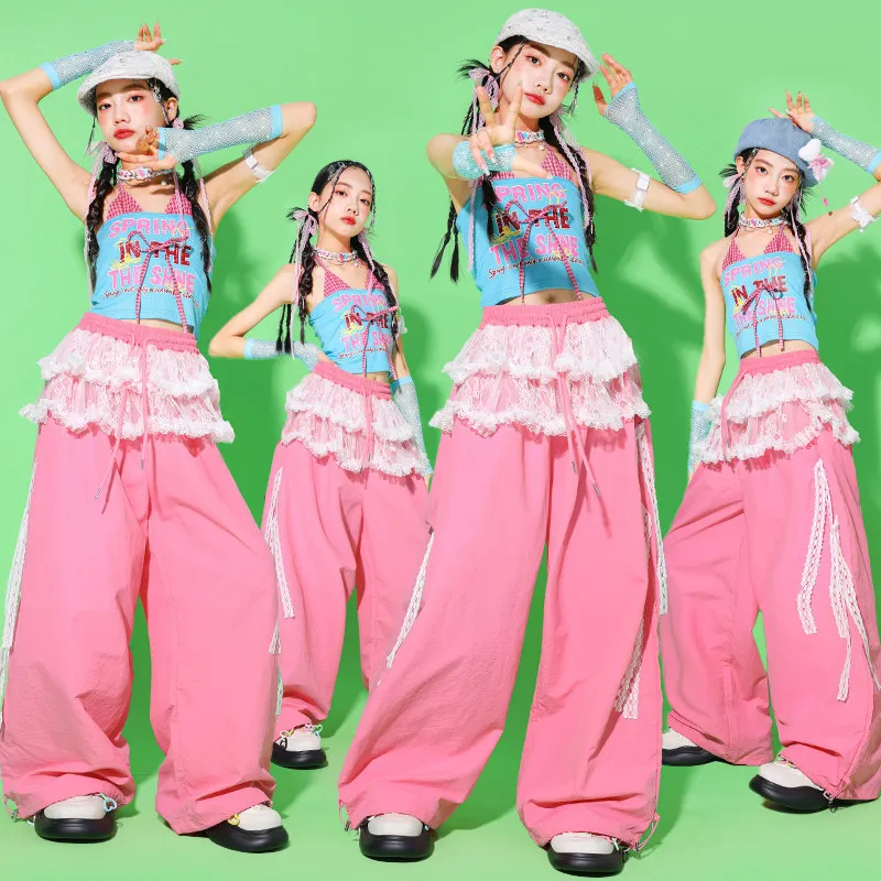 Girl Jazz Dance Costume Kpop Outfit Children Performance Show Stage Wear Summer Blue Vest Silver Sequin Shorts Streetwear