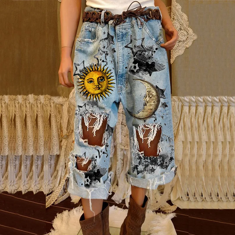 

Women's Jeans 2024 Spring And Autumn New Broken Design Printed Urban Youth Wide Leg Casual Large Size Nine-Minute Pants