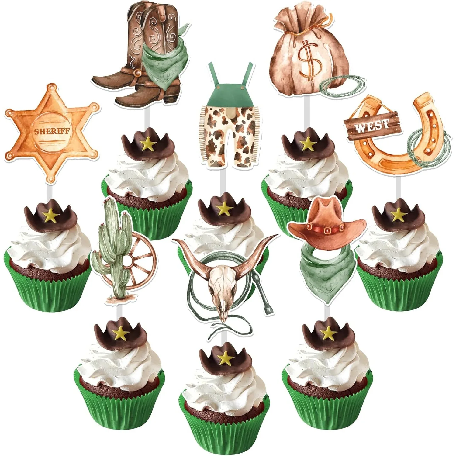 Cowboy Cupcake Toppers Cake Decorations,Western Cowgirl Theme Cupcake Toppers, Rustic Hat Boot Cupcake Birthday Party Supplies