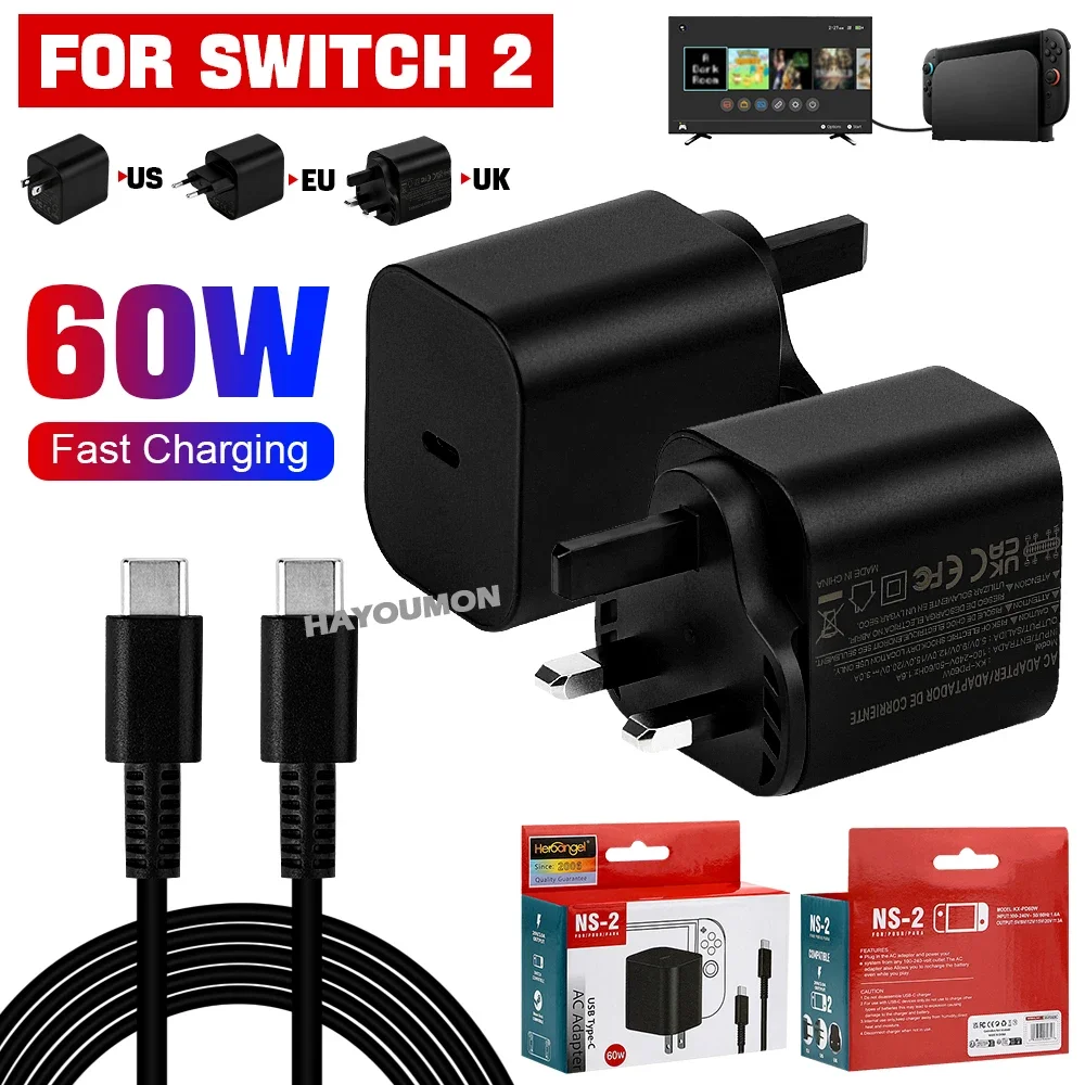 

Адаптер питания переменного тока 2026 для NS Switch 2 с кабелем USB Type-C, адаптер питания 60 Вт для быстрой зарядки, аксессуары для игр на Switch 2