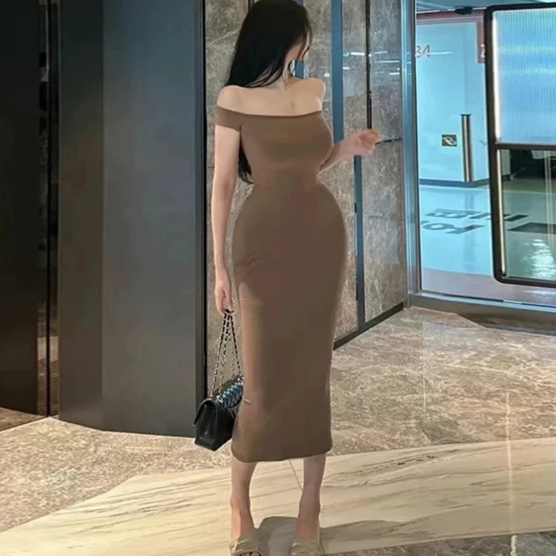 Sexy Women's Dress Dongda Gate One Shoulder Tight Bodycon mid Length Skirt High Waist No Sleeve Wrap around Gown Long Dress