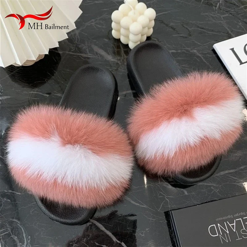 Fox Fur Slippers Luxury Designer House Shoes Fluffy Cute Home Plush Ladies Flip Flops Summer Outdoor Casual Fashion Flat Sandals