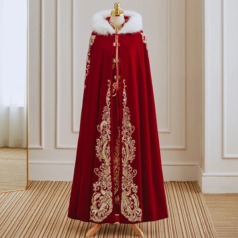 

Winter Bride Red Sequins Beading Embroidery Shawl Coat Long Warm Wedding Capes Thick Hooded Cloak Floor Length Wrap