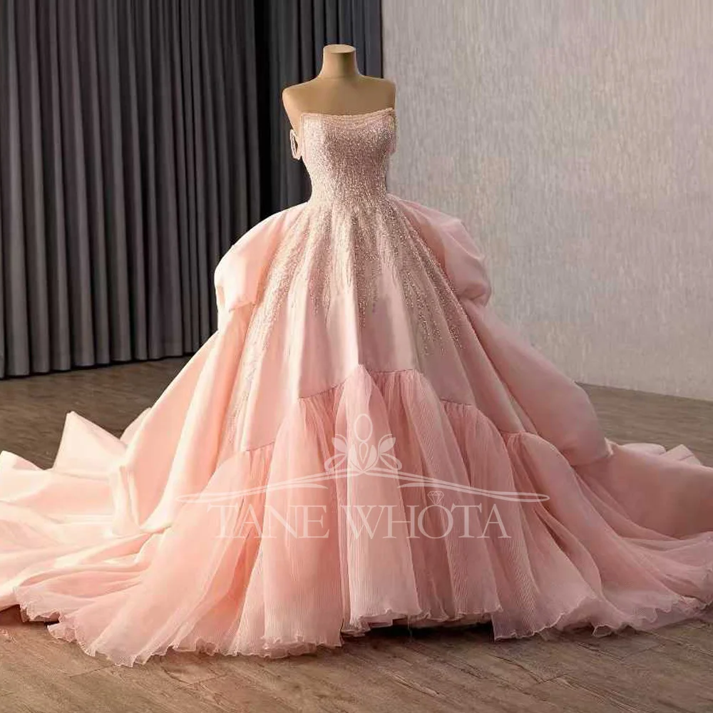 2026 فستان سهرة نسائي وردي قابل للتخصيص بدون حمالات عاري الكتفين برباط من الخلف فستان فاخر مطرز بالترتر #2