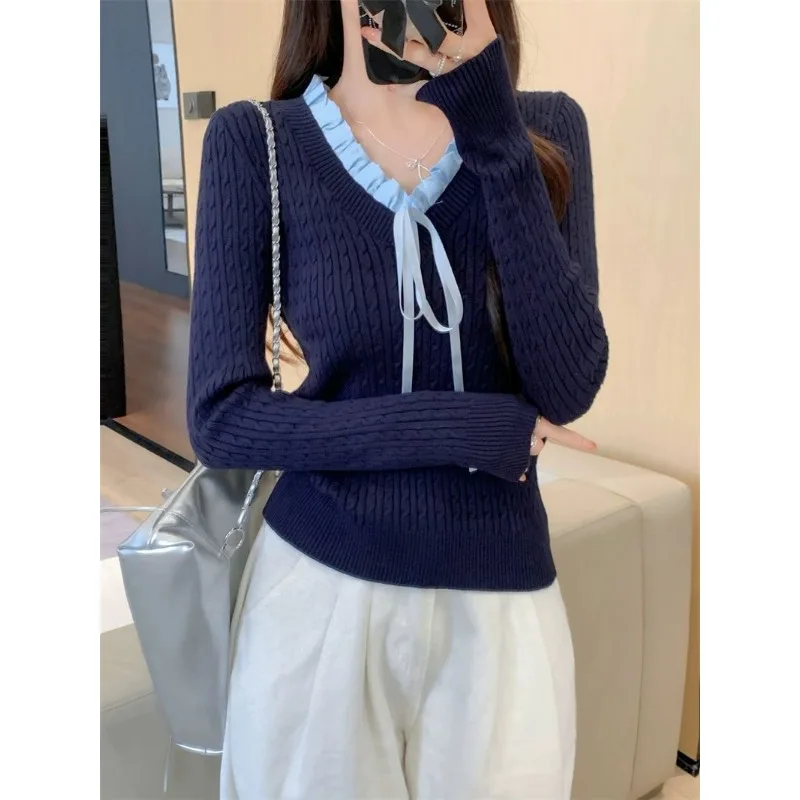 

Korean Fake Two-piece Sweater Knitted Bottoming Shirt for Women Spring Autumn Blue Gentle Wind Slim Fit Top