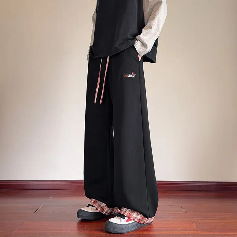 Men's Puppy Embroidered Pattern Sweatpants Street Style Cool Boy Vibe Casual Pants Spring Bottom Male High Waist Y2k Trousers