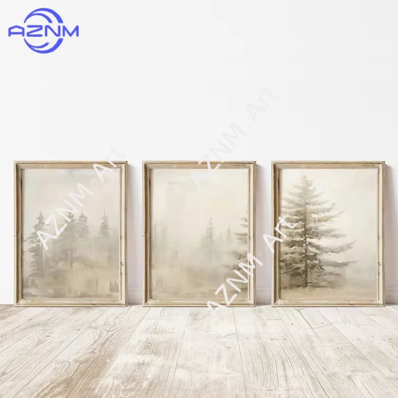1/3PCS ，Neutral Fir Tree Misty Forest Nature Landscape Poster and Prints Wall Art Pictures Canvas Painting Home Farmhouse Decor