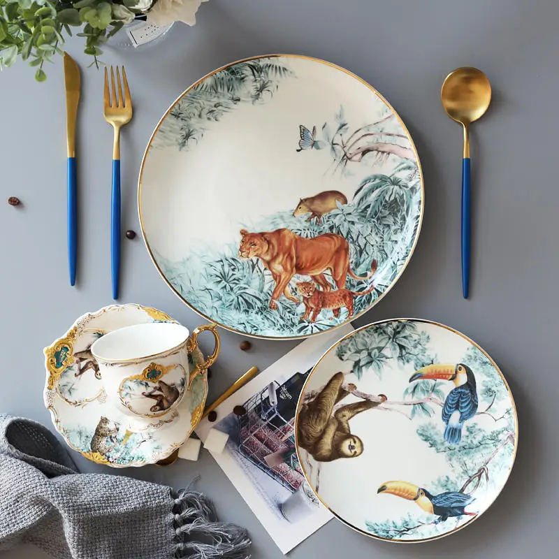 Nordic Forest Animals Dinners Plate Restaurant Coffee Cup And Saucer Western Plates Dishes Dim Sum Steak Compote Home Dish