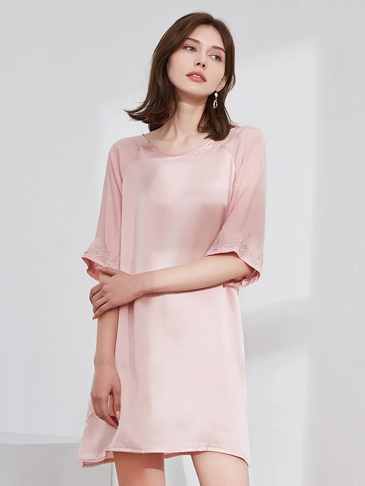 

100% Mulberry Silk Summer Nightdress Sleepshirts Solid Color Women's Home Pullover Short Pajama Dress Elegant Lingerie Nighty PJ