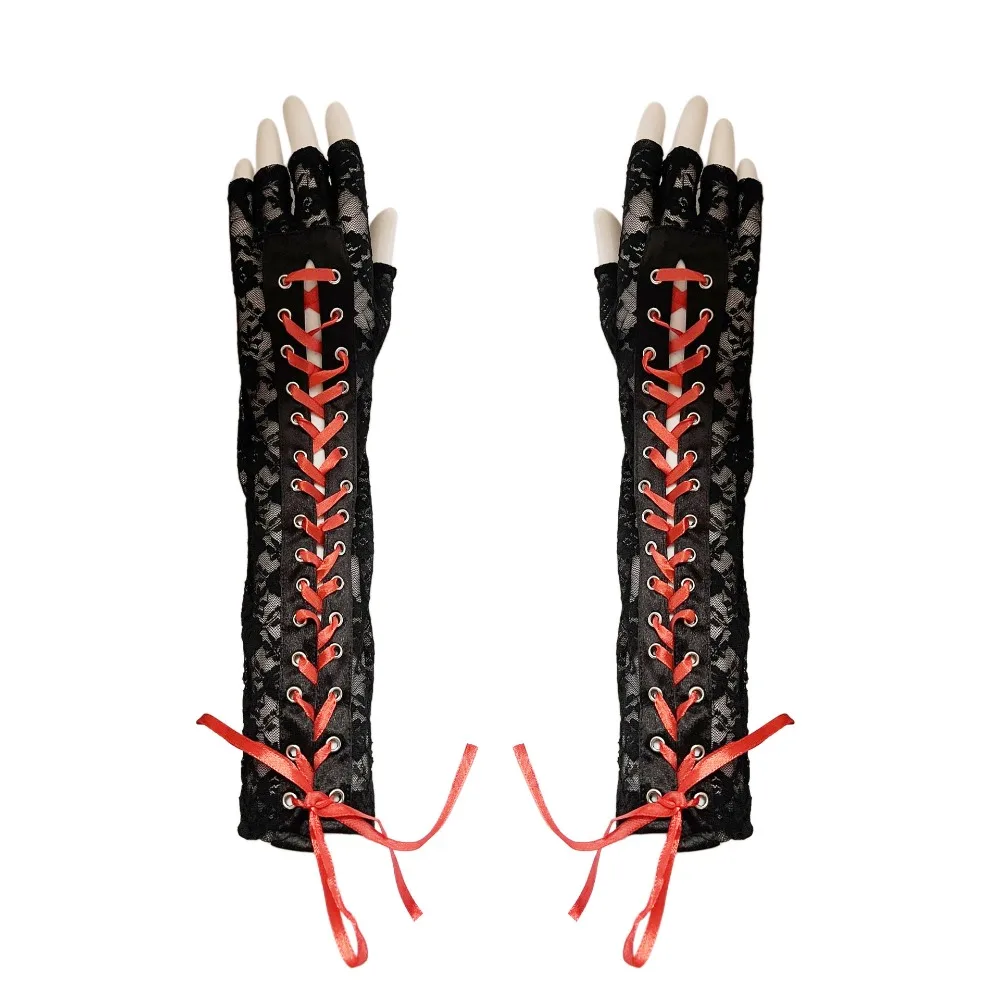 Gants en dentelle Sexy à bretelles, longs, demi-doigt, Punk Cos, ruban, gants de Performance pour Club de danse