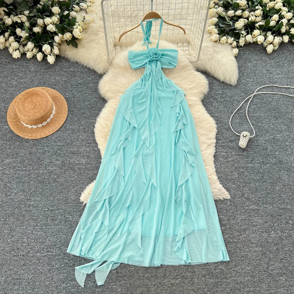 

Summer French Hollowed Out Backless Halter Top Dress Women Fashionable Sexy Vacation Three-dimensional Flower Long Dress S389