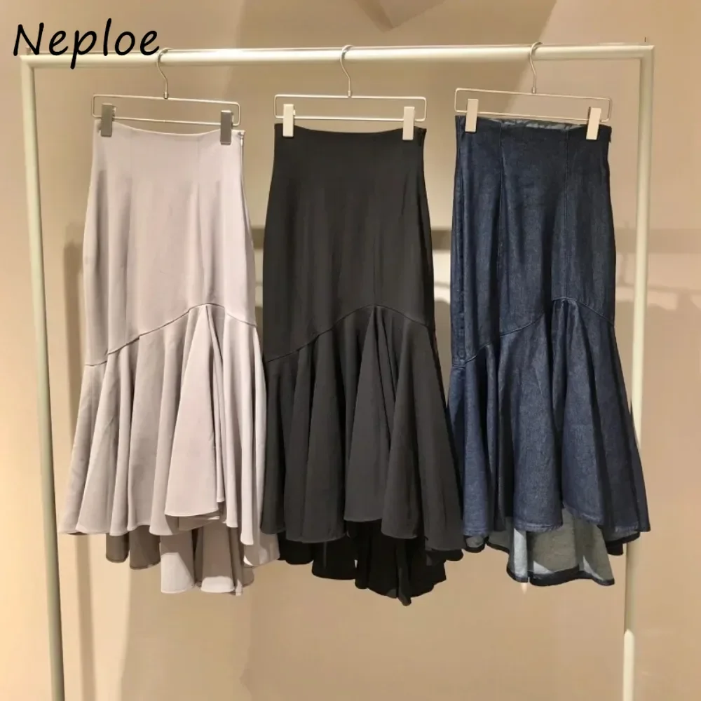 Neploe Personalized Vintage Mermaid Women's Skirt Sweet Slim High Waist Ruched Denim Falda Japan Bodycon High Street Faldas