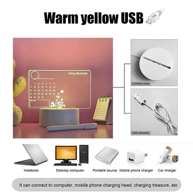 Nota Placa com Caneta para Decoração, Creative LED Night Light, USB Message Board, Holiday Lamp, Presente