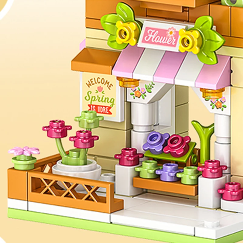 City Building Blocks Flower Shop Sunflower Store House Model Set Desktop Decor Kids DIY Toys Christmas Birthday Gift