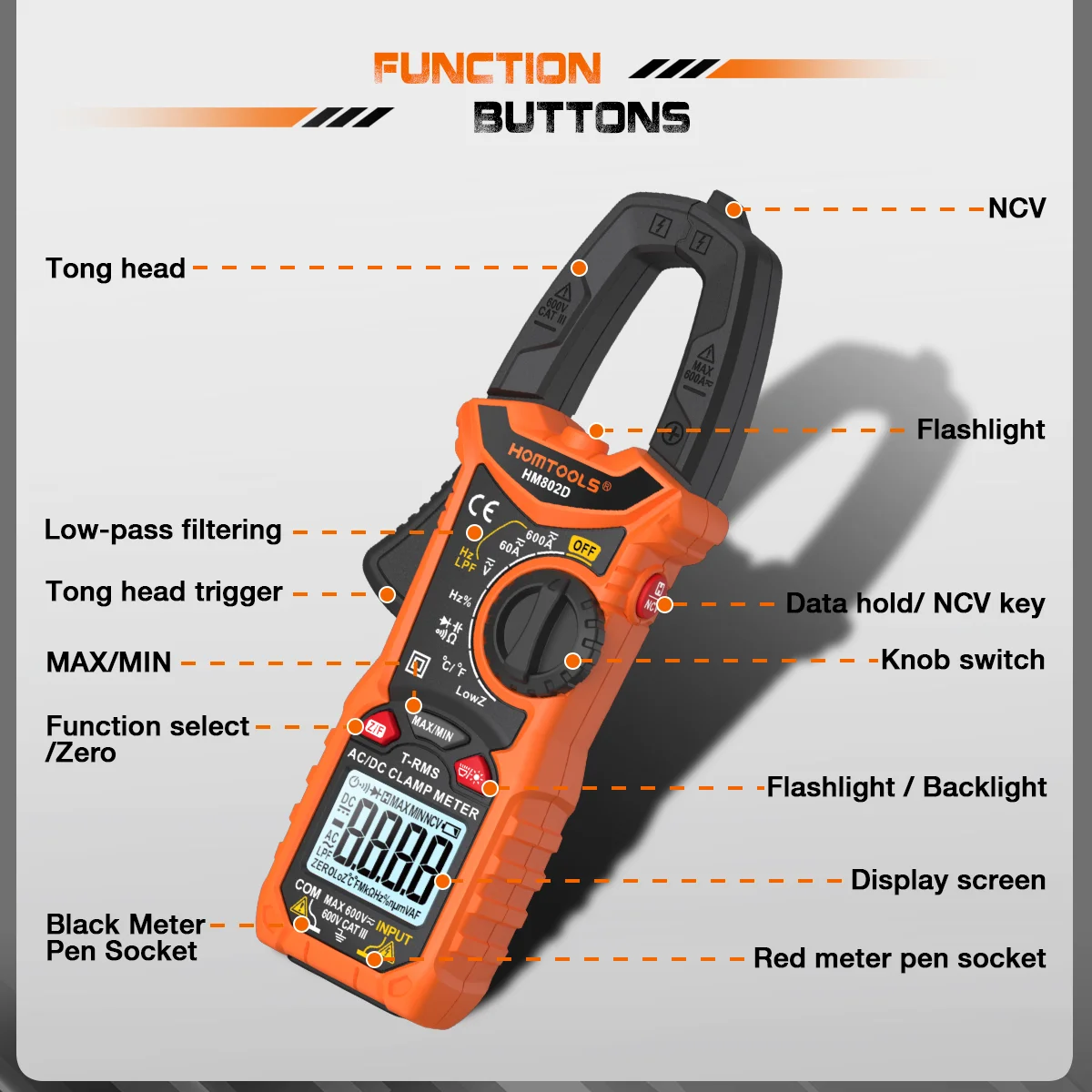 HOMTOOLS HM802 Digital Clamp Meter AC DC Current Auto Rang 600A True RMS Pliers meter Voltage Tester Ohm Capacitor Tester