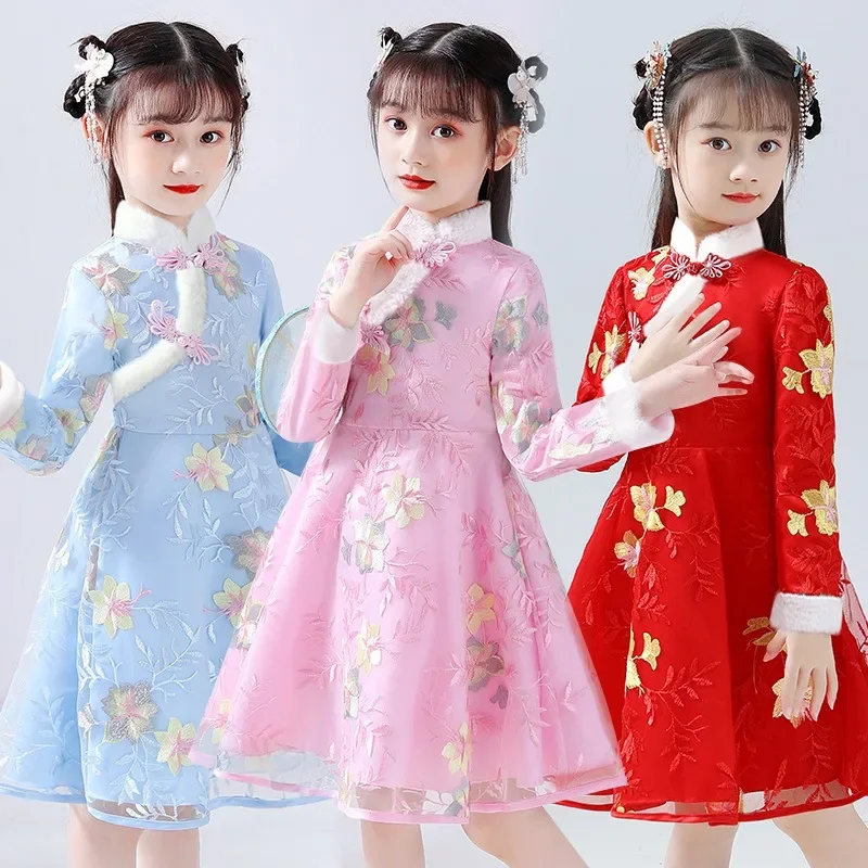 Summer Children Cheongsam Dragon Phoenix Embroidery Qipao Princess Dress Chinese Style Dresses New Year Qipao Gift Tang Clothes