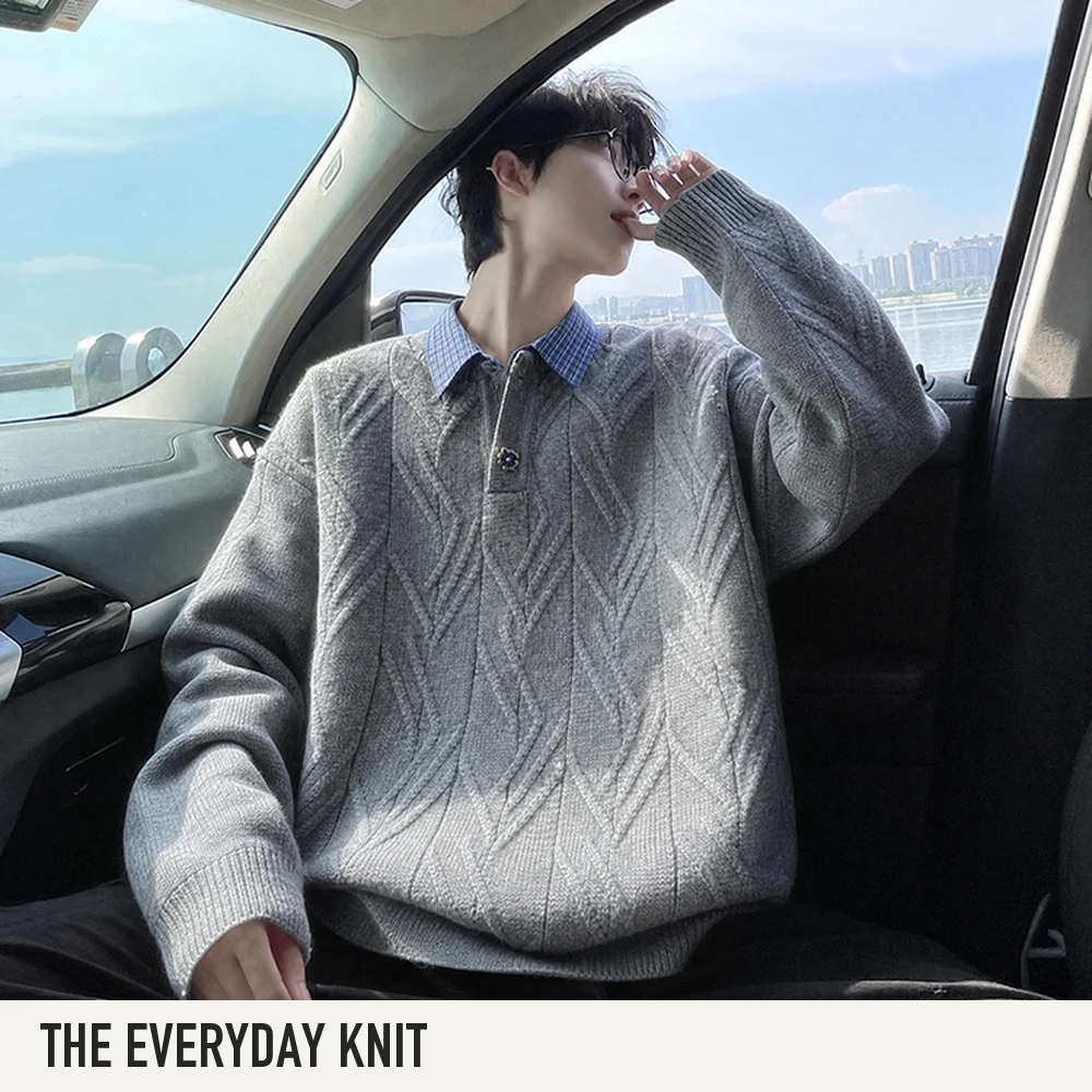 Men Long Sleeve Collared Mock Layer Cable Knit Sweater Casual Pullover Ribbed Cuffs Autumn Winter Grey Black Tops M to 4XL