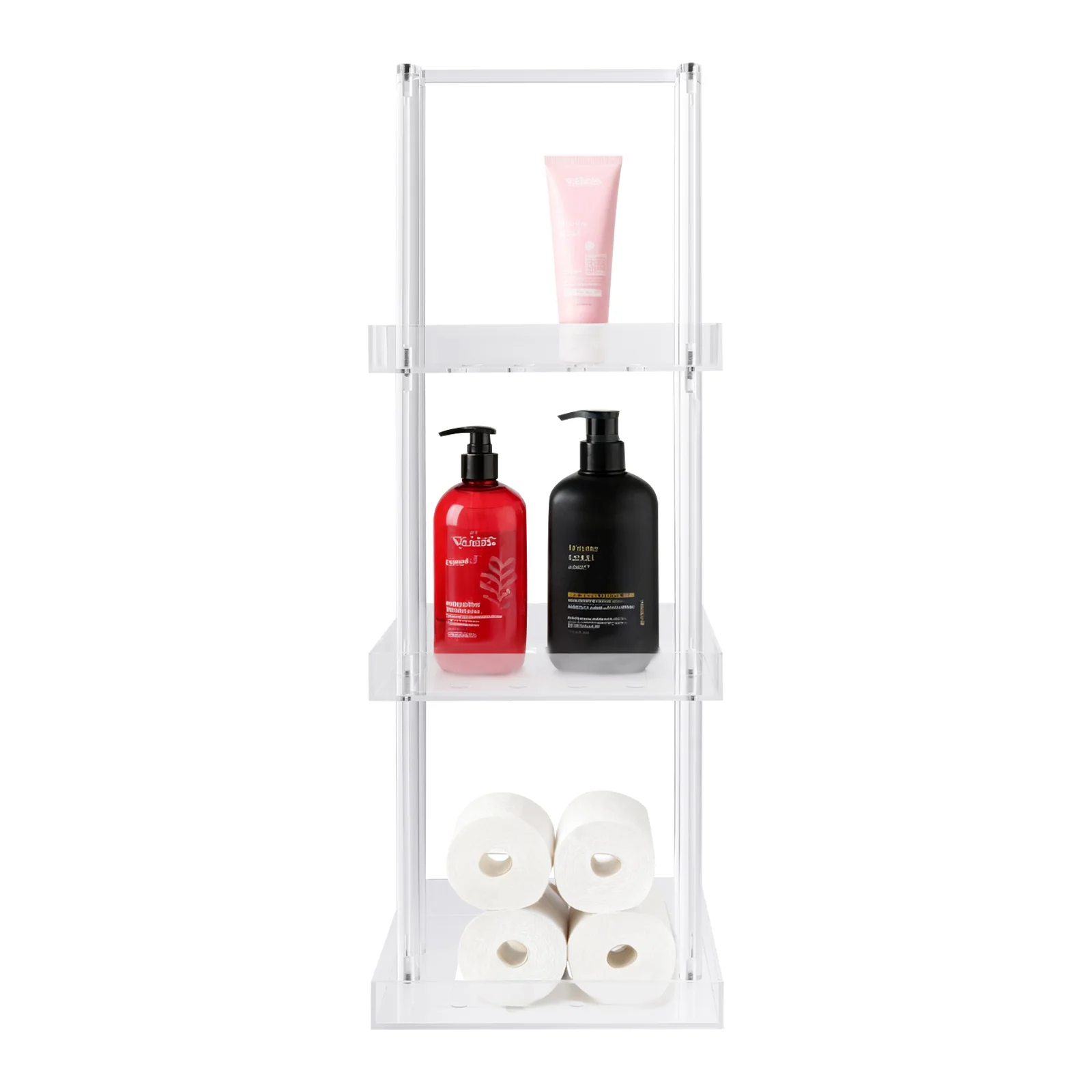 3-Tier Clear Acrylic Shower Shelf, Free Standing Bathroom Storage Rack, Hollow Drainage Design Anti-Slip Raised Edge Vertical Organizer With Top Handle For Bathroom, Bathtub, Patio, Toilet