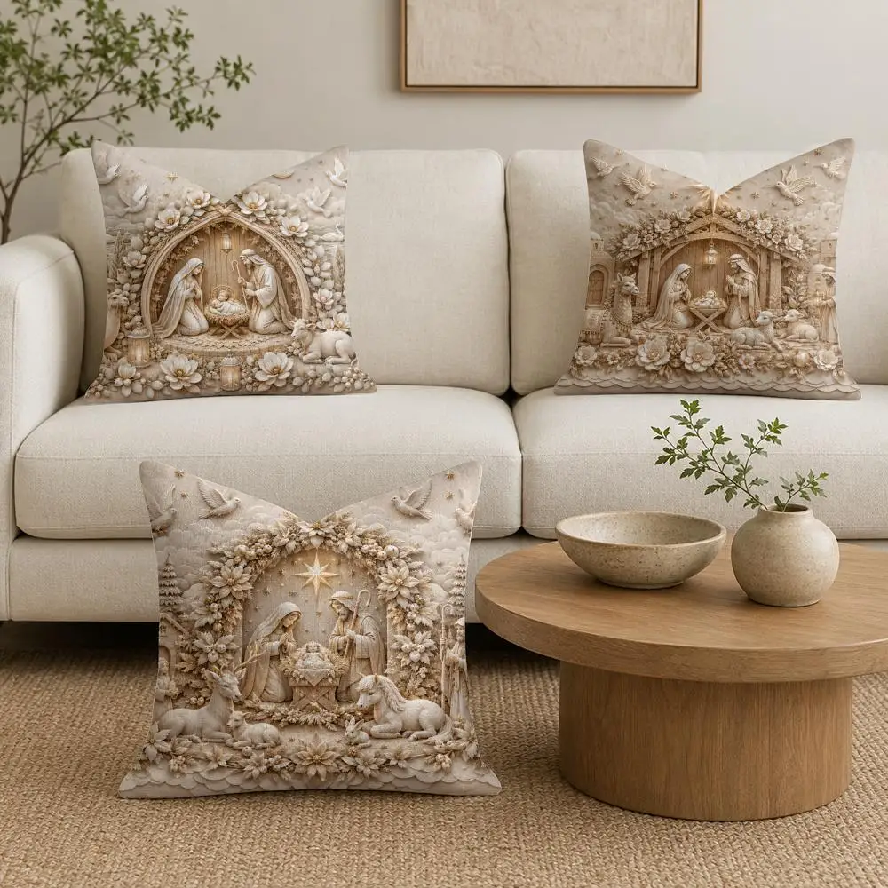 Retro Nativity Carving Cushion Cover Soft Plush Throw Pillow Cushion Cover｜Double-Sided Printed Pillow Case for Sofa Home Decor
