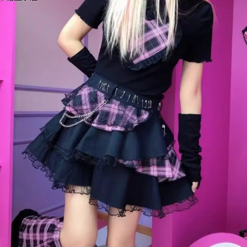 

Subculture Purple Black Plaid Skirt Rock Y2k 2000s Mini Harajuku Lace Cake Skirt Harajuku Layered Punk Y2K Pomp Women Skirts