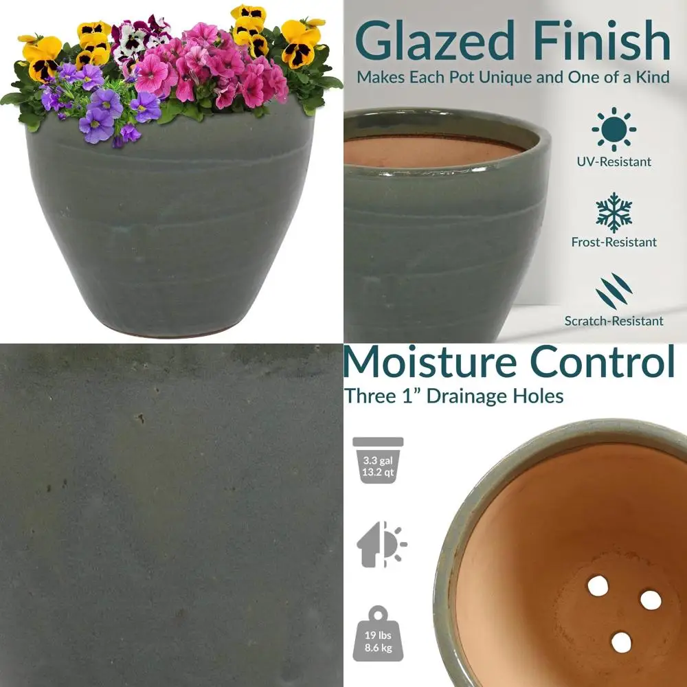 

Large Round Outdoor Glazed Ceramic Planter Pot with Drainage - Gray - 13.5 inches - Resort Style Garden Decor