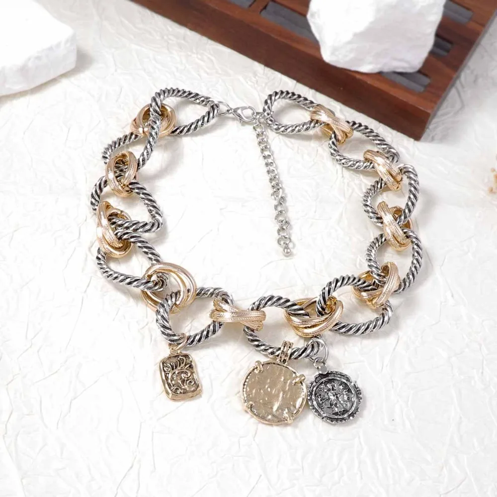 شخصية الموضة الكوبية سلسلة القلائد خمر مزدوجة اللون هندسية قلادة معدنية هدية الرقبة مجوهرات للحزب #4