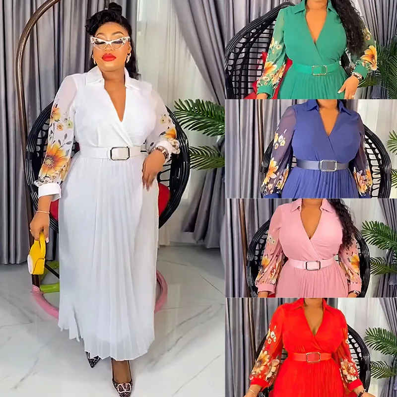 African Dresses Women Printed Chiffon Abaya Lapel Neck Wedding Party Ankara Dashiki Africa Clothing Evening Dubai Kaftan Gown