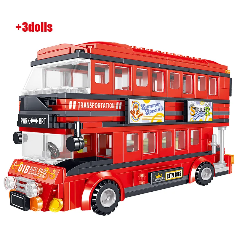 

Double Deck Bus Building Blocks Red Transportation Bus School Car Bricks DIY Toys for Children Boys