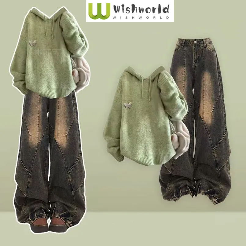 

Осенне-зимний повседневный комплект, женский корейский вязаный свитер с капюшоном + широкие джинсы в стиле ретро, комплект из двух предметов