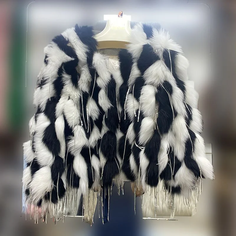 Winter Striped Sewed Genuine Mink Fur Beaded Tassels Jacket Fox Fur Sequined Tassels Fluffy Coat Flocking Cardigan Hairy Tops