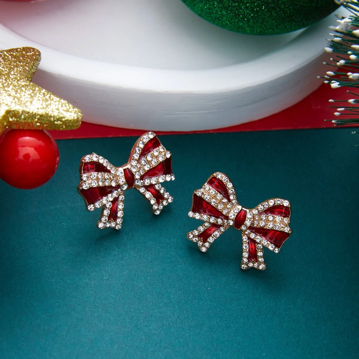 Weihnachts-Strass-Stern-Weihnachtsmann-Ohrhänger für Damen, modische rote Schleifen-Weihnachtsstangen-Weinglas-Socken-Ohrringe, Neujahrs-Schmuck – Detail 30