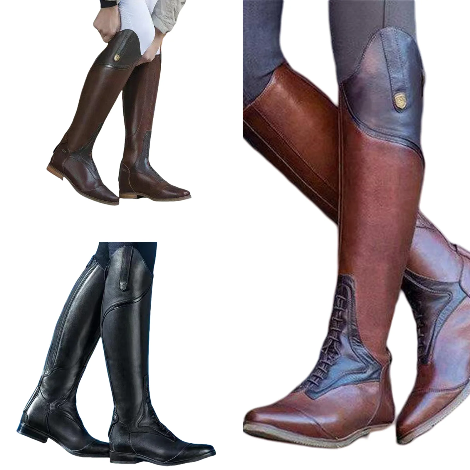 Knee-high Knight Boots Women's Fashion Leather Motorcycle Boots British 3CM Block Heel Autumn Winter Shoes Size 34-48