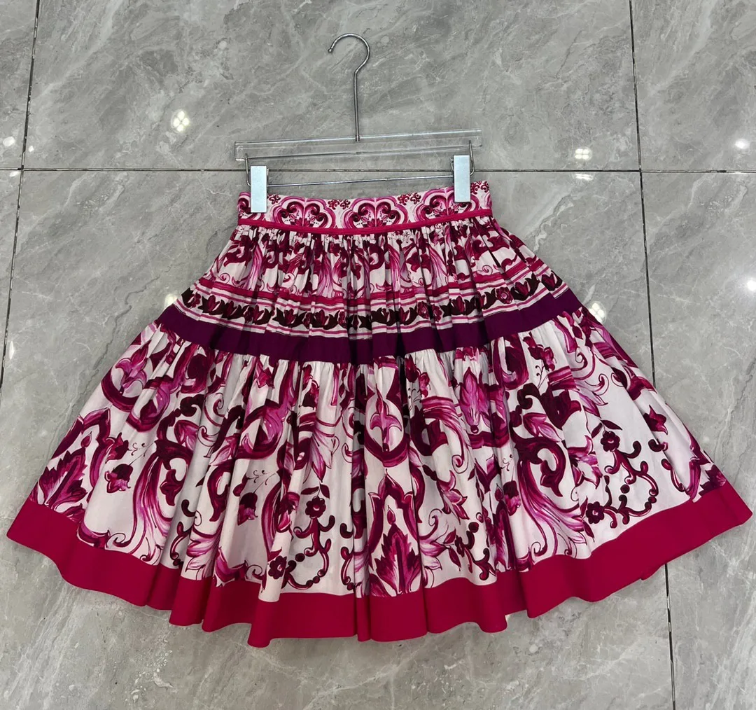 HIGH QUALITY Summer Women Fuchsia And White Porcelain Print Cotton Corset Top and Mini Skirt Set Fashion Holiday Outfit 2024