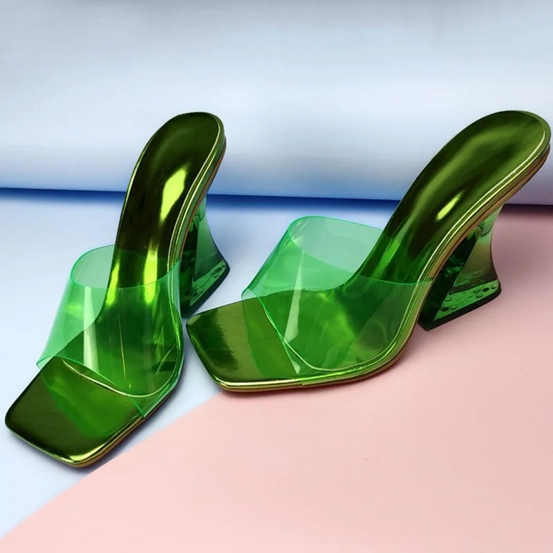 2022 Transparent PVC Women\'s Slippers Fashion Square toe Cup heeled Summer Female Mules Slides crystal High heels Sandals Shoes