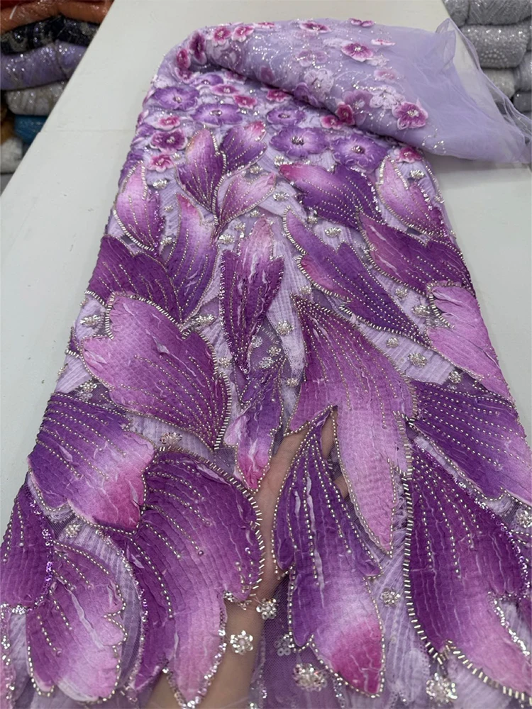 Latest 3D Lace Fabric High Quality Delicate Eligant Soft Embroiderd Sequins Tulle Lace Fabric for Wedding Evening Dress