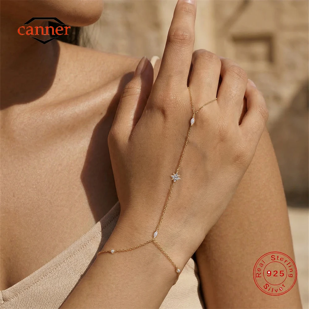 

CANNER 925 Sterling Silver Eight-pointed Star Horse Eye CZ Bracelet Ring Chain For Women INS Minimalism Hand Chain Bracelets